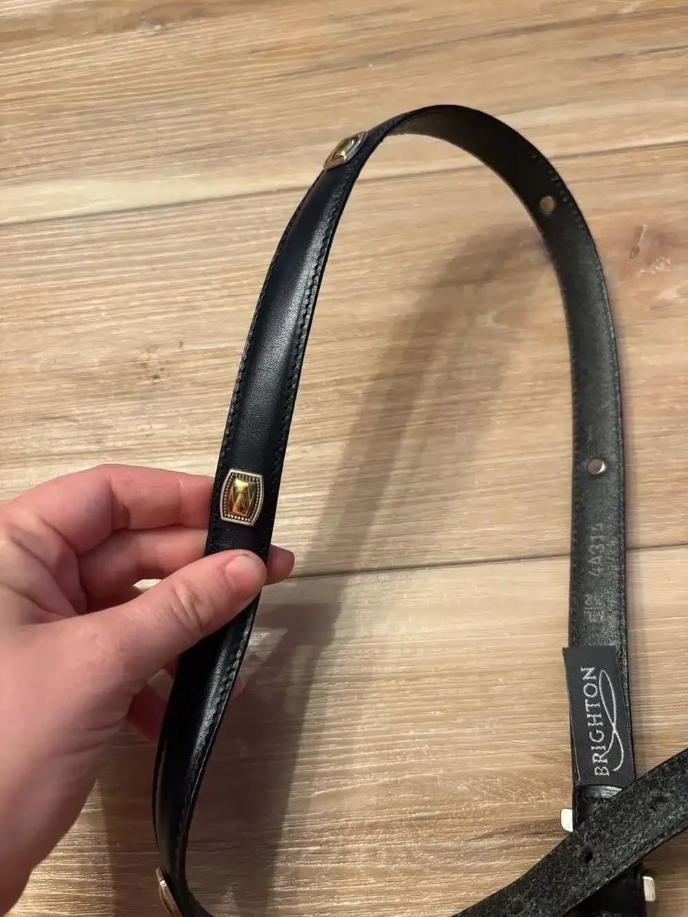 Brighton Studded Slim Black Leather Belt Silver and Gold Tone Buckle Size 32